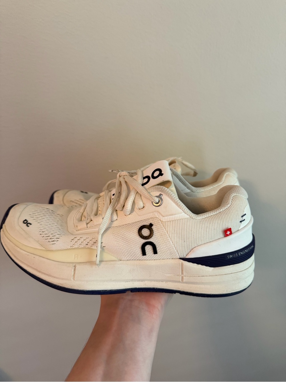 On Running Cream and Navy Mesh Running Sneakers